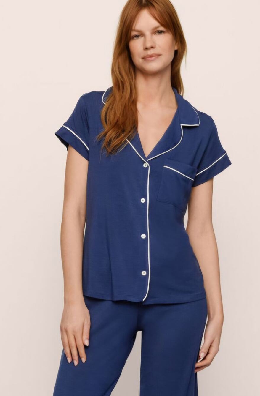 Gisele TENCEL Modal Short Sleeve navy blue Eberjey button up sleep TOP ONLY M